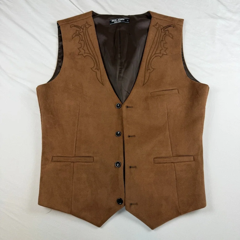 Paul Jones Mens Brown Faux Suede Western Vest Embroidered Cowboy Waistcoat Small